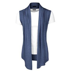 Ruffle Shawl Collar Cardigan Sleeveless Lightweight Vest Drape Cape Navy Blue